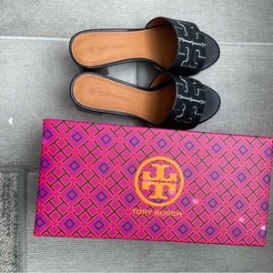 Tory Burch Ines Black Leather Mid Heel Slide Sandals Womens